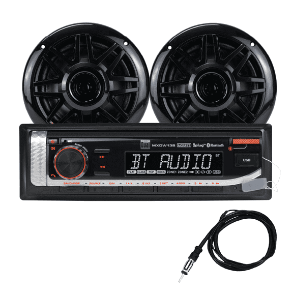 Dual Electronics MXP152B Marine Boat Radio Bundle, Bluetooth, 2 6.5" Speakers & Antenna, Black