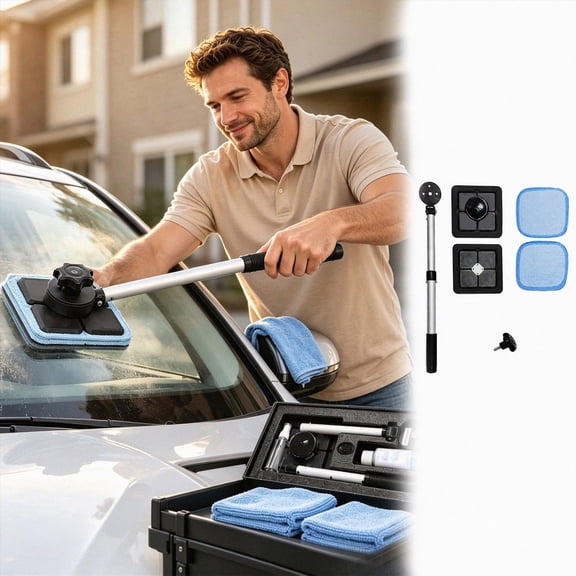 Dual Magnetic Car Windshield Cleaner, Auto Glass Cleaning Kit with Extendable Handle, Streak Free Interior & Exterior Car Window Cleaning Tool for Vehicle Windshields and Glass Surfaces