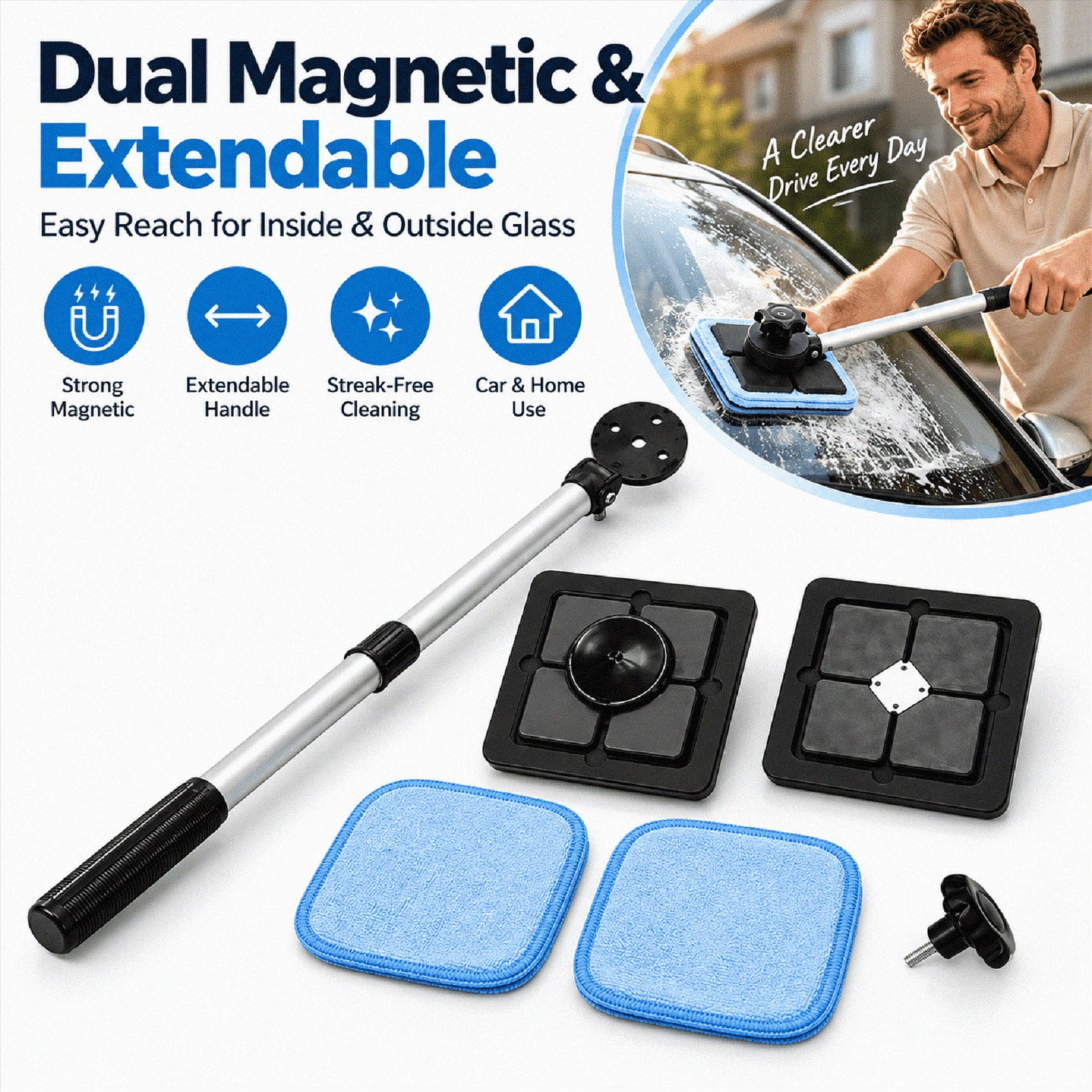 Dual Magnetic Car Windshield Cleaner, Auto Window Cleaner Series, Dual Side Extension Handle Wiper, Car Windshield Home Glass