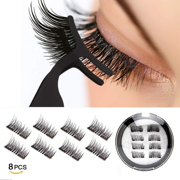 Dual Magnetic Eyelashes, 0.2mm Ultra Thin Magnet, Light weight & Easy to Wear, Best 3D Reusable Eyelashes with Applicator (8 PC with Tweezers)