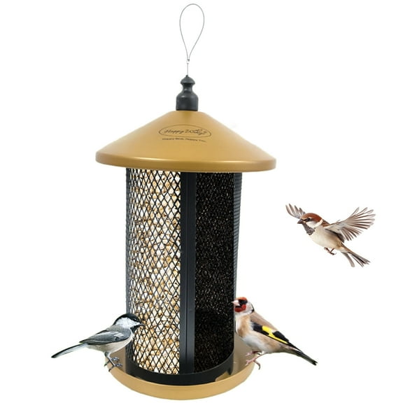 Portable Dual Mesh Metal Hanging Finch Bird Feeder - Durable & Heavy- Duty with 360° Perch & 2 Separate Seed Compartments - Holding Capacity: Upto 3.4 lbs - (Metallic Golden)