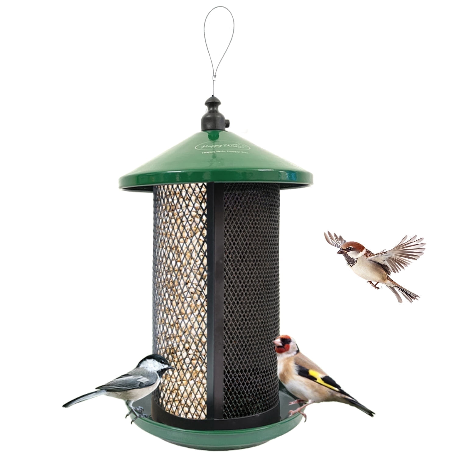 Happy Wings Dual Mesh Metal Hanging Finch Bird Feeder -Capacity: Upto 3.4 lbs-360° Perch & 2 Separate Seed Compartments - - (Natural Green)
