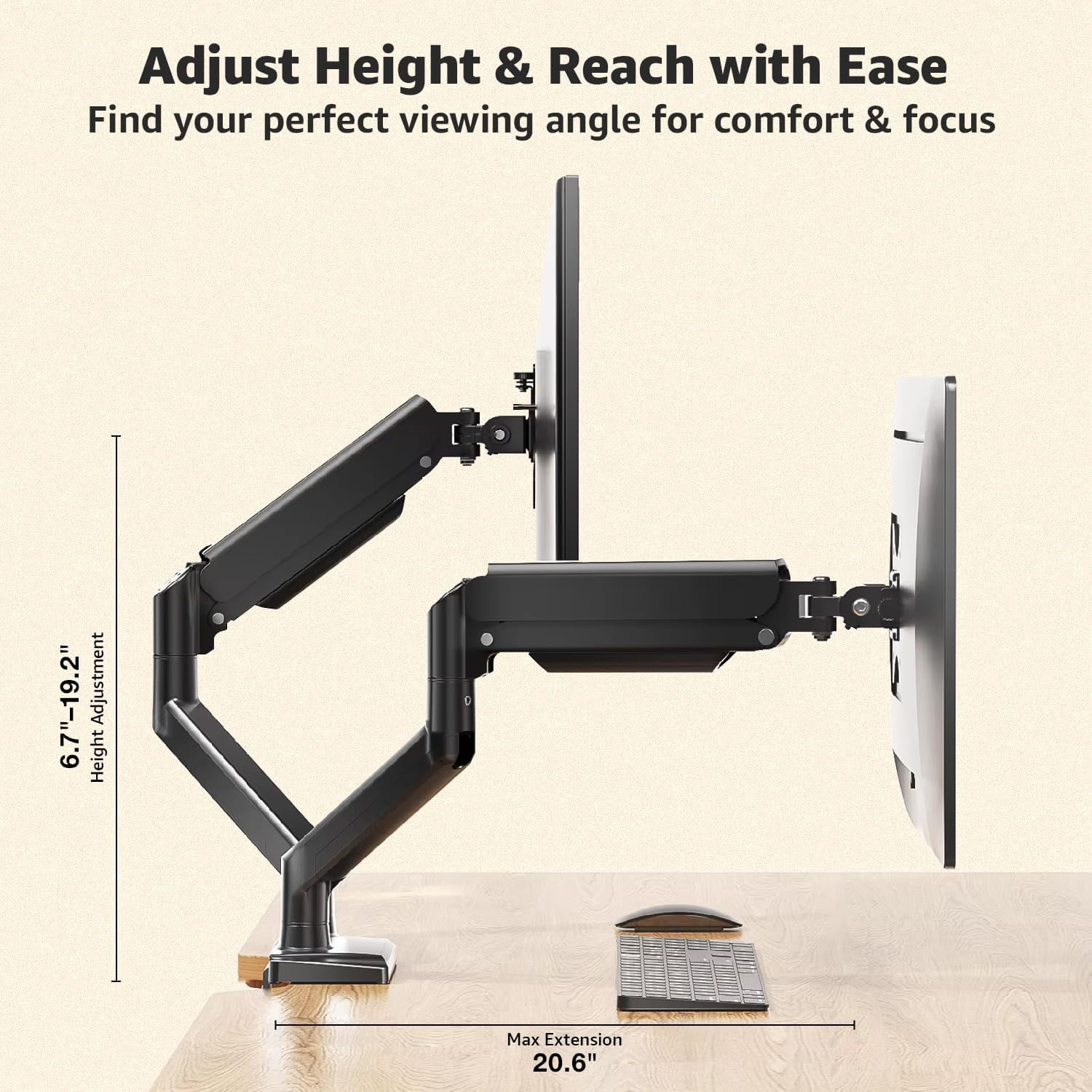 Dual Monitor Arm Desk Mount – Adjustable Gas Spring Stand for 13-34 Inch Screens, Full Motion Swivel Tilt Rotation, Heavy Duty VESA Mount for Gaming Programming Office