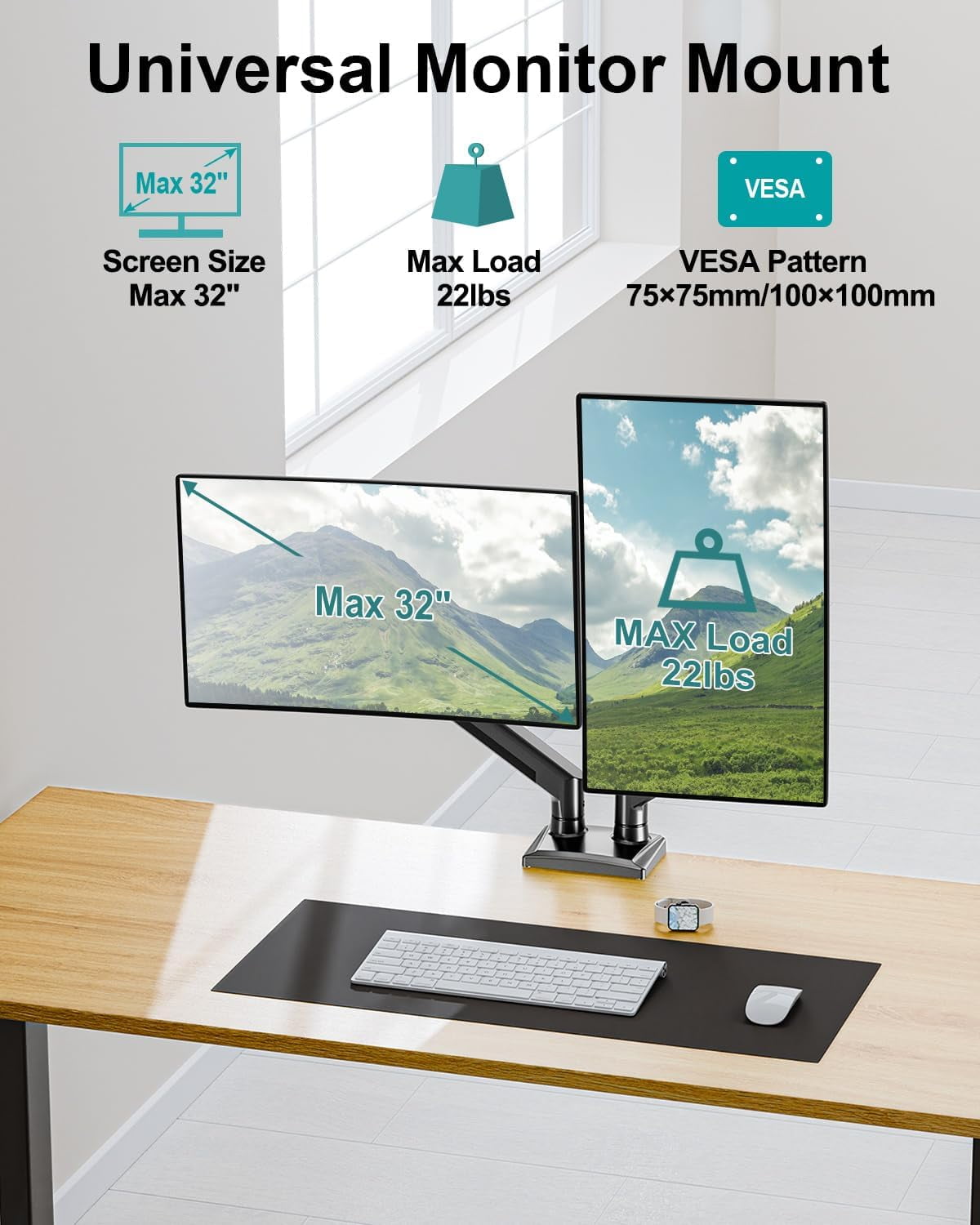 Dual Monitor Arm Desk Mount for 13-32 Inch Screens, VESA 75/100mm, Full Motion Adjustable Stand with Clamp/Grommet Base, Holds 4.4-22lbs, Black