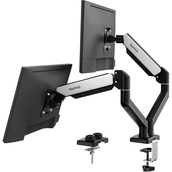 Dual Monitor Desk Mount for 13-32" Computer Screen,Adjustable Gas Spring Arm,Each Arm Holds 4.4 to 22 lbs,Swivel/Tilt/Rotation,VESA 75X75mm 100X100mm,C Clamp & Grommet Mounting Base
