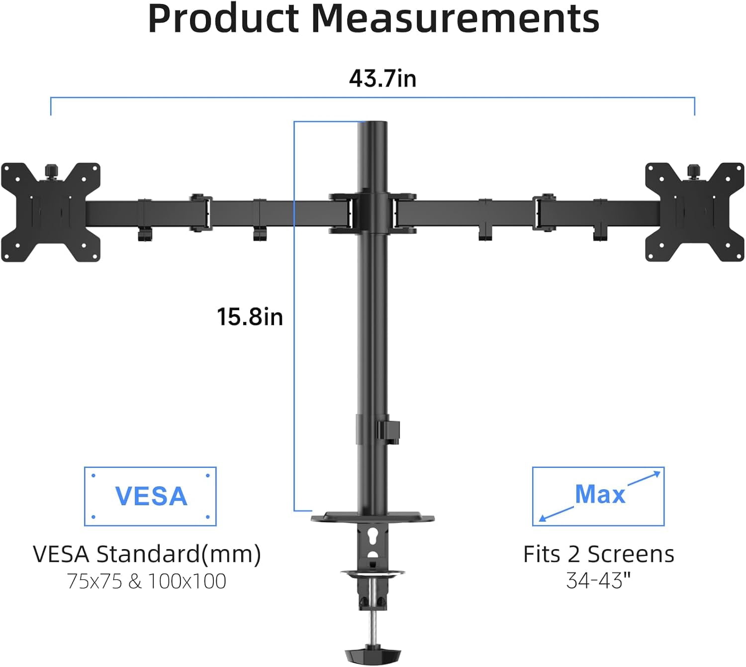 Dual Monitor Desk Mount Adjustable Arm for 2 Screens  to 43 inch 15.75 Pole Stand Holds 22 lbs Black MD9442LB