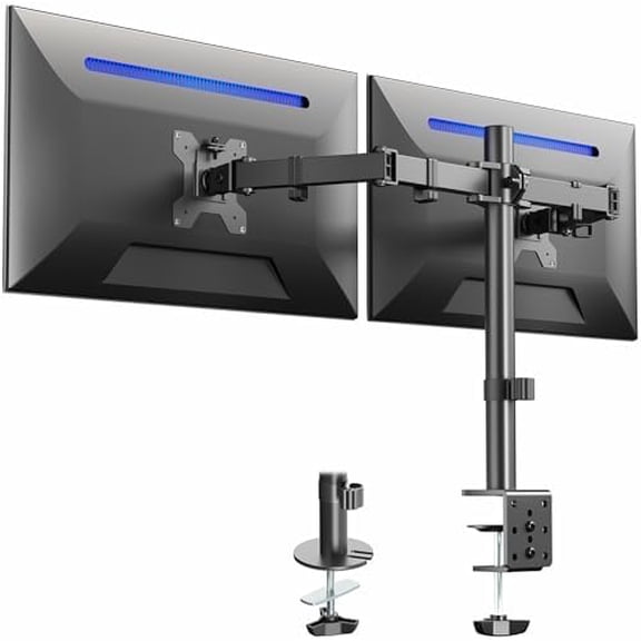 Dual Monitor Desk Mount, Holds 2 Computer Screens up to 30 inches and 22lbs Each, Heavy Duty Fully Adjustable Steel Stand with C-Clamp and Grommet, Black, STAND-V002