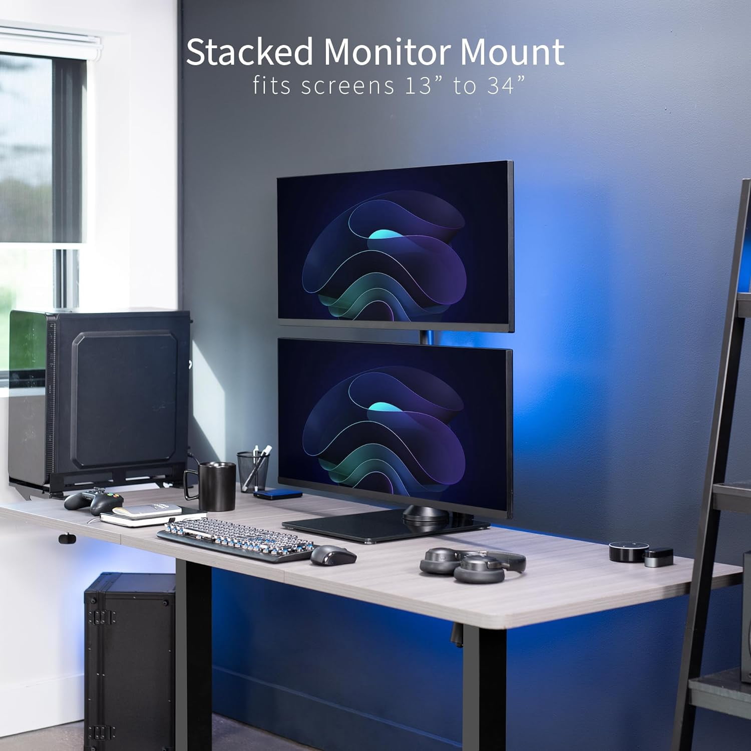 Dual Monitor Desk Stand with Tempered Glass Base, -Standing LCD Mount for 2 Ultrawide Screens  to 34 inches