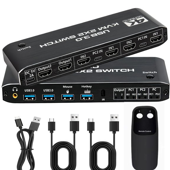 Dual Monitor HDMI KVM Switch 2 Computers | 4K@60Hz UHD, USB 3.0 Hub for Keyboard & Mouse, Hotkey/Panel/Remote Control, Extended/Mirror Display, 3.5mm Audio, EDID, HDCP 2.3, Plug & Play