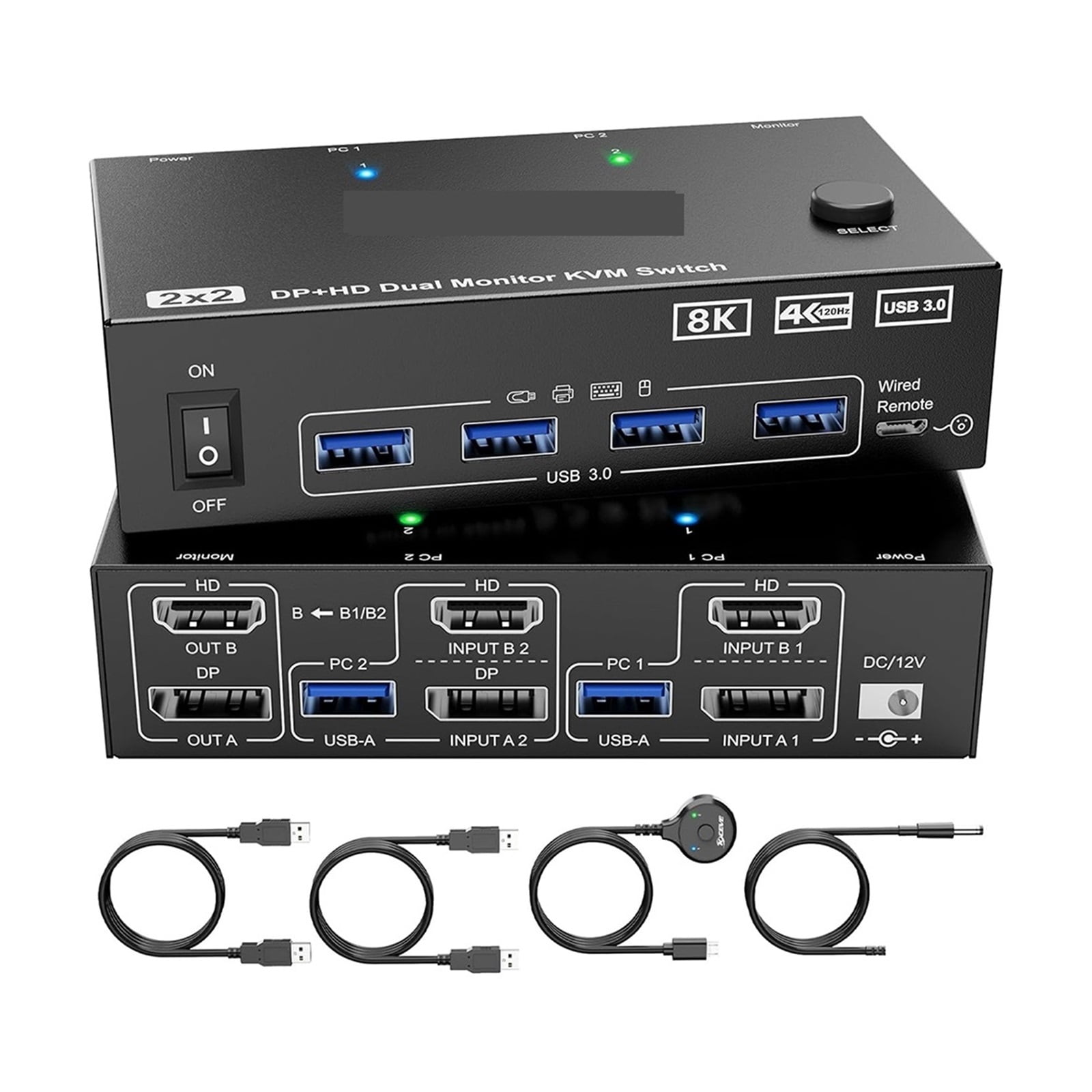 Dual Monitor KVM Switch 2 Port 8K@60Hz 4K@144Hz -Compatible+DP USB 3.0 Switch Extended Display 2 Monitors 2 Computers