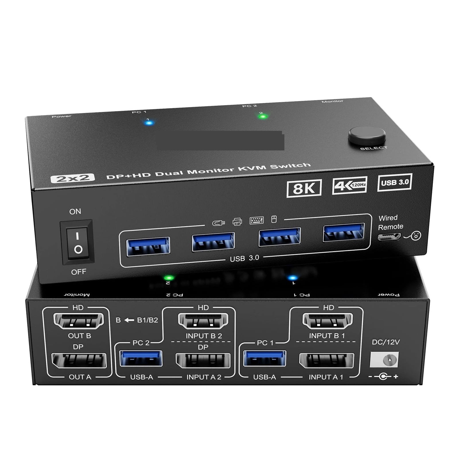 Dual Monitor KVM Switch 2 Port, 8K@60Hz 4K@144Hz +DP USB 3.0 Switch Extended Display 2 Monitors 2 Computers