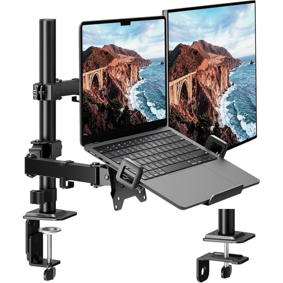 Dual Monitor Laptop Desk Mount Stand with Heavy Duty Full Motion Articulating Arm  Adjustable Ergonomic Riser with C-Clamp Base for Laptop and External Screen, Ideal for Office and Home Workstation