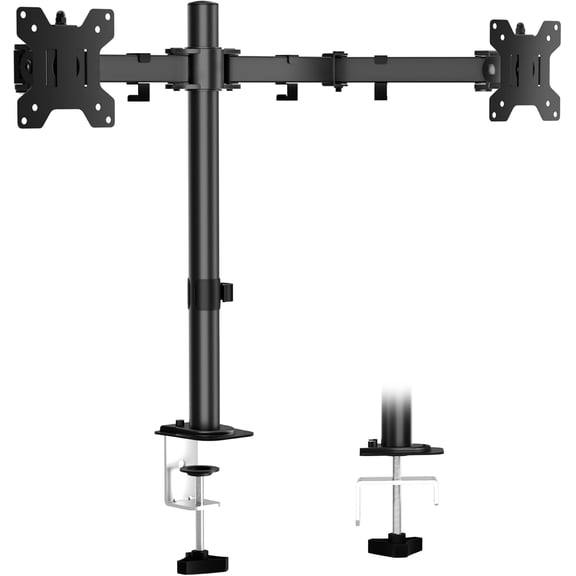 Dual Monitor Mount for Desk, Stand Holds 2 Computer Screens Fits 13" to 27", Heavy Duty Fully Adjustable Arm with C-Clamp and Grommet Base, VESA 75x75 100x100mm, Black