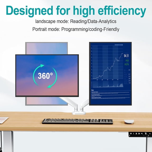 Dual Monitor Mount Fits 13 to 32 Inch Screen, Height Adjustable Monitor Stand for 2 Monitors, Full Motion Display Arm Holds to 17.6lbs Each, Computer Desk VESA Mount, White