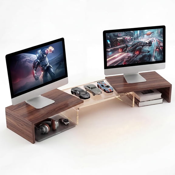 Dual Monitor Riser, Acrylic Adjustable Angle & Length Computer Stand, Wide Desk Shelf for Top of Home Office_Walnut Look Small