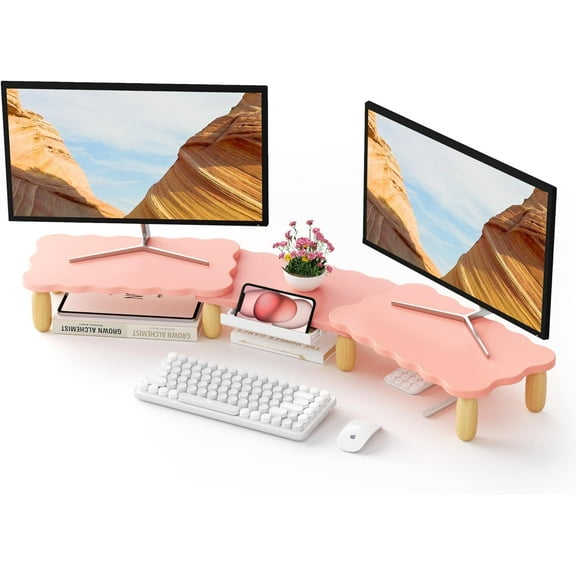 Dual Monitor Riser, Cookie-Shaped Adjustable Length & Swivel Angle, Wooden Desktop Organizer for 2 Monitors,Monitor Stand with Drawer for Laptop, PC, Computer, Printer,Pink