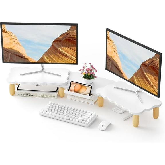 Dual Monitor Riser, Cookie-Shaped Adjustable Length & Swivel Angle, Wooden Desktop Organizer for 2 Monitors,Monitor Stand with Drawer for Laptop, PC, Computer, Printer,White