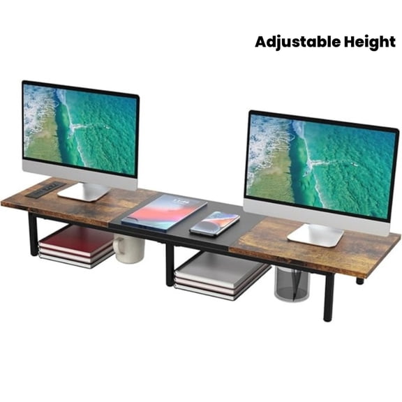 Dual Monitor Riser Stand with Charging Station &USB Ports-Heavy-Duty Metal Desk Mount, Adjustable Height Ergonomic Stand for Laptops, Computers, Printers, Space-Saving Multi-Monitor Workstation Setup