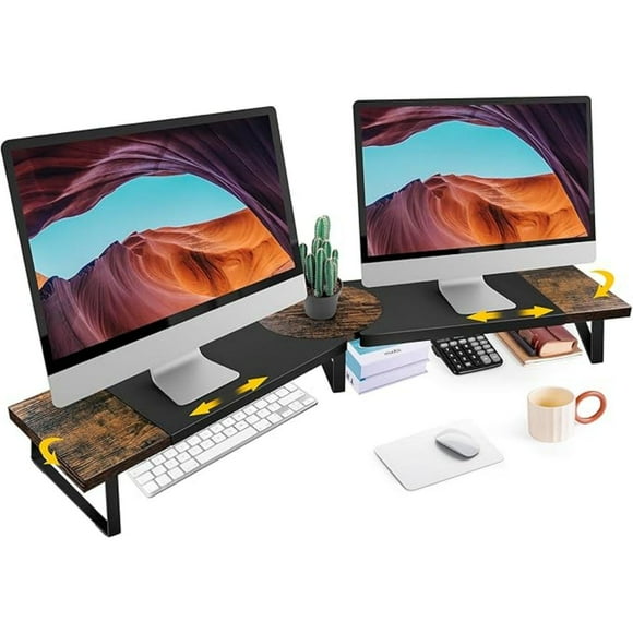 Dual-Monitor-Riser-Stand-For-Desk, Large Monitor Stand Riser For 2 Monitors With Adjustable Length Angle, Double Computer Riser For Desktop Organizer, Monitor Shelf Riser For TV Laptop Printer