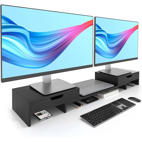 Dual Monitor Riser with Two Drawer for Desk, No Assembly Required | Premium Bamboo Dual Monitor Stand with Storage, Desk Monitor Shelf for Computer, IMac & Laptop, Desk Organizer, Black