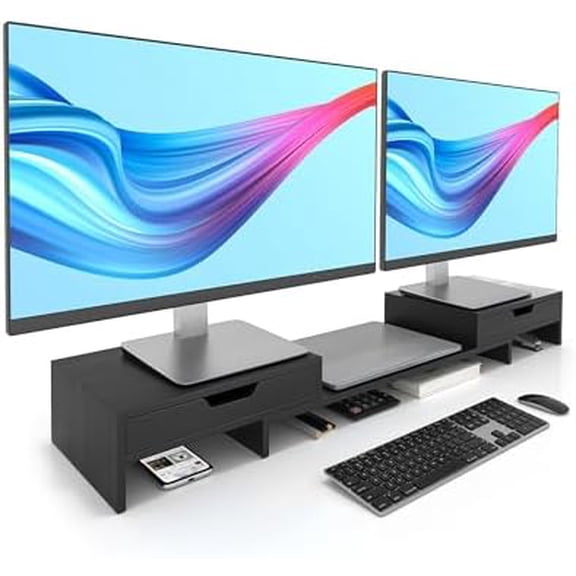 Dual Monitor Riser with Two Drawers for Desk, Bamboo Monitor Stand Riser with Storage, Desk Shelf for Computer, IMac & Laptop, No Assembly Required, Black