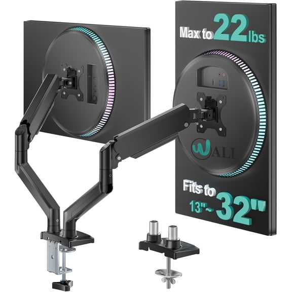 Dual Monitor Stand for 13-32 inch Computer Screens, Arms 2 Monitors Holds up to 22 lbs, Height Adjustable Gas Spring Mount, VESA 75x75/100x100mm (GSMP002N), Black