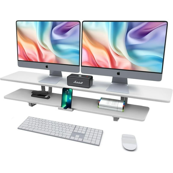 Dual Monitor Stand, 2-Tier Wood Monitor Riser with Storage Organizer and Cable Management, White