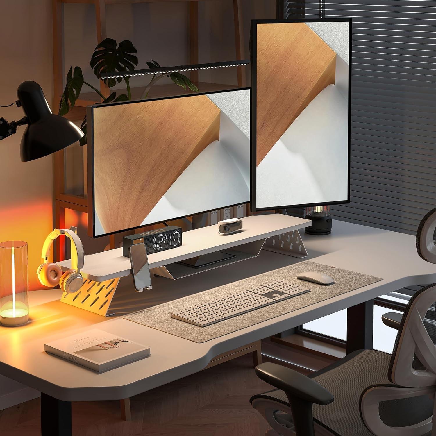 Dual Monitor Stand 42.5 Inch Wood Desk Shelf with Headphone & Phone Holder for Office Organization