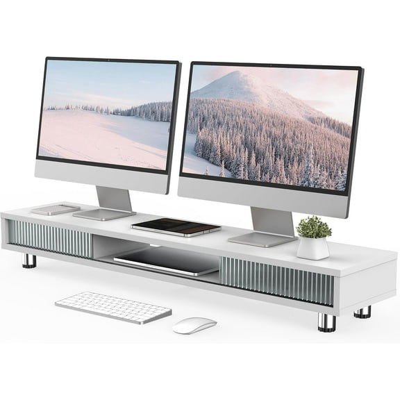 Dual Monitor Stand, 42.5inch Long Monitor Stands Riser for 2 Monitors, Sliding Door with Storage Organizer Stand for Desk, 2 Tier Desk Shelf for Laptop, Pc, Printer, Computer, TV