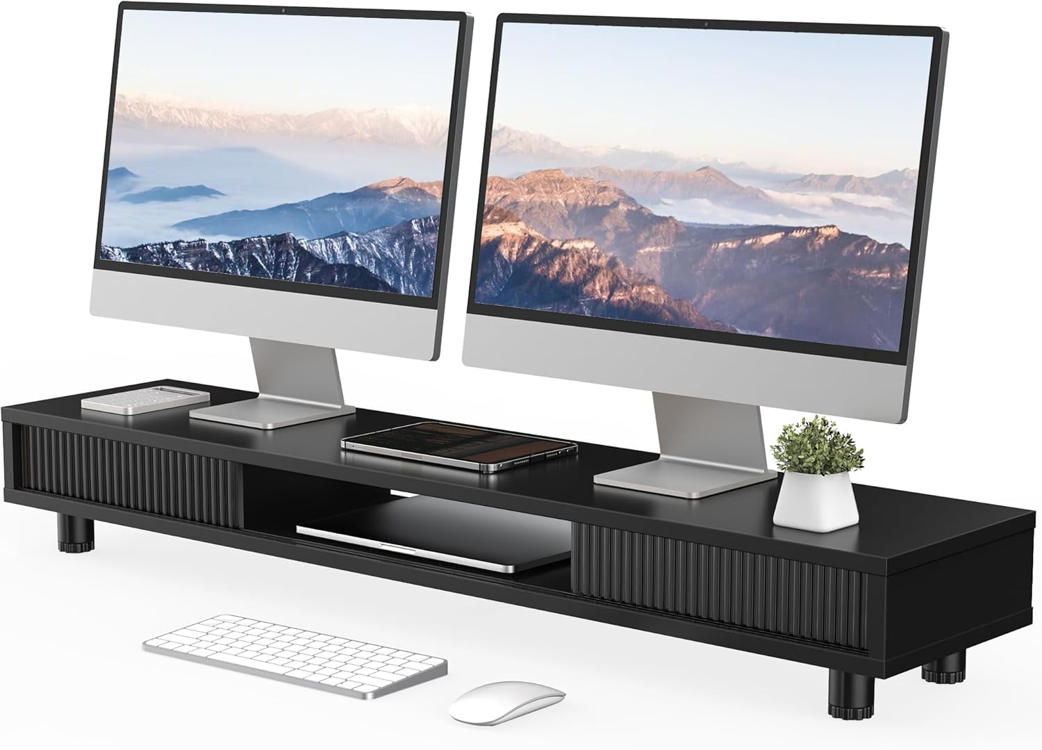 Dual Monitor Stand, 42.5inch Long Monitor Stands Riser for 2 Monitors, Sliding Door with Storage Organizer Stand for Desk, 2 Tier Desk Shelf for Laptop, Pc, Printer, Computer, TV