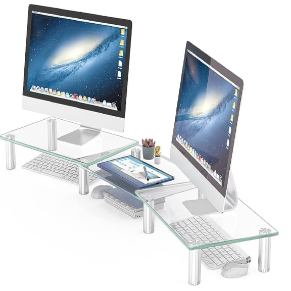 Dual Monitor Stand -Adjustable Length and Angle Dual Monitor Riser, Desktop Organizer for PC, Computer, Laptop (Clear)