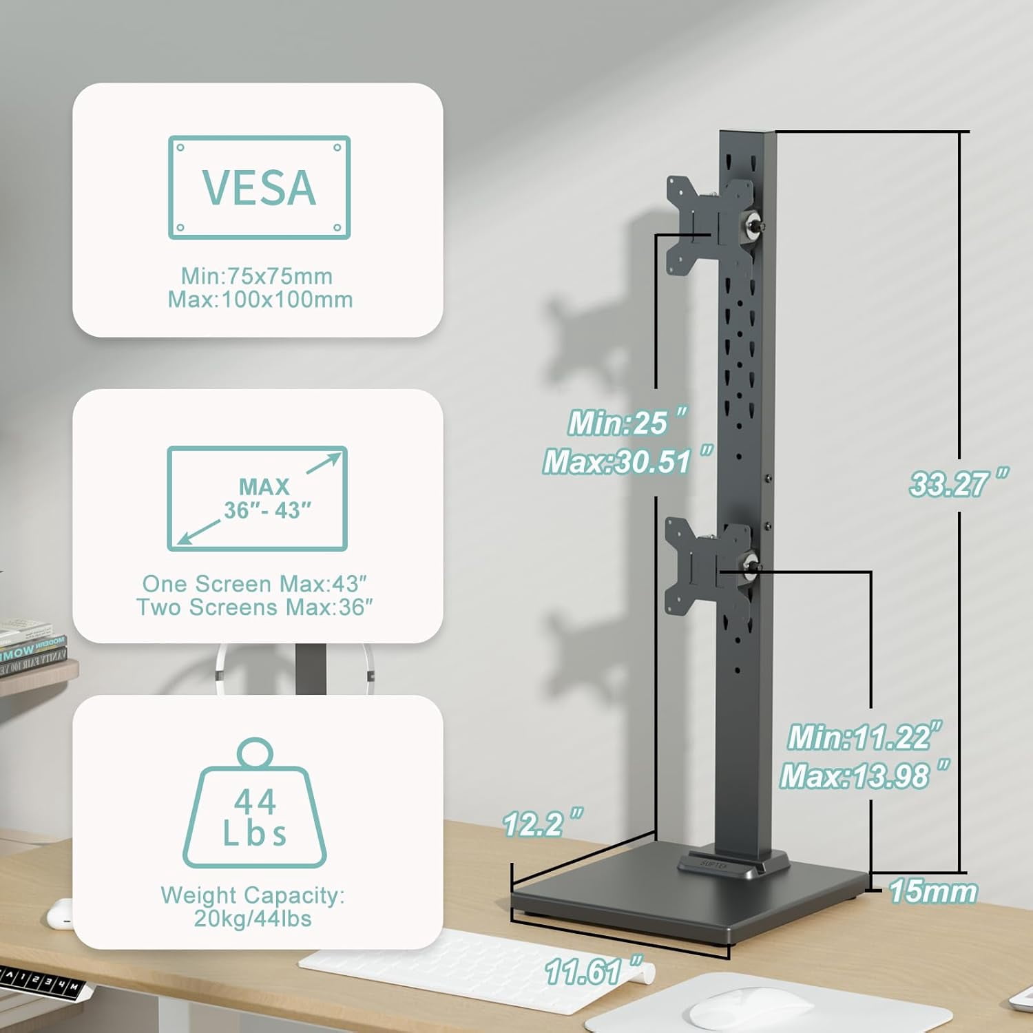 Dual Monitor Stand with Base Vertical Stack Screen -Standing Monitor Riser Fits Two Screen  36 & One Screen  43 with Swivel Tilt Height Adjustable 50 75 and 100mm Vesa Base Stand