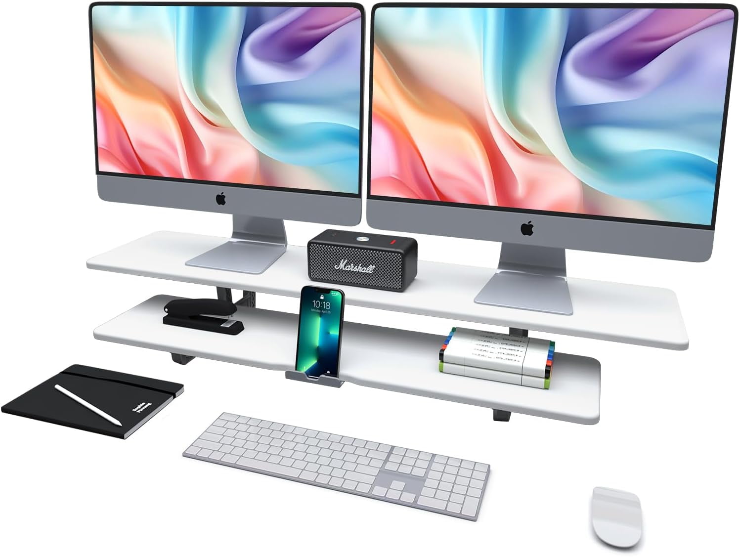 White Dual Monitor Stand with Storage and Cable Management