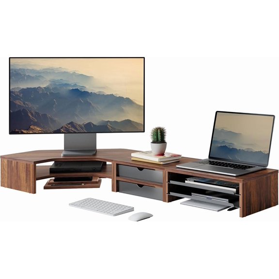 Dual Monitor Stand Corner shelf with Drawer and Slide-Out Tray 2 Tier Triangle Riser Storage Desk Shelf Organizer for Desk Home Office Computer Laptop Printer