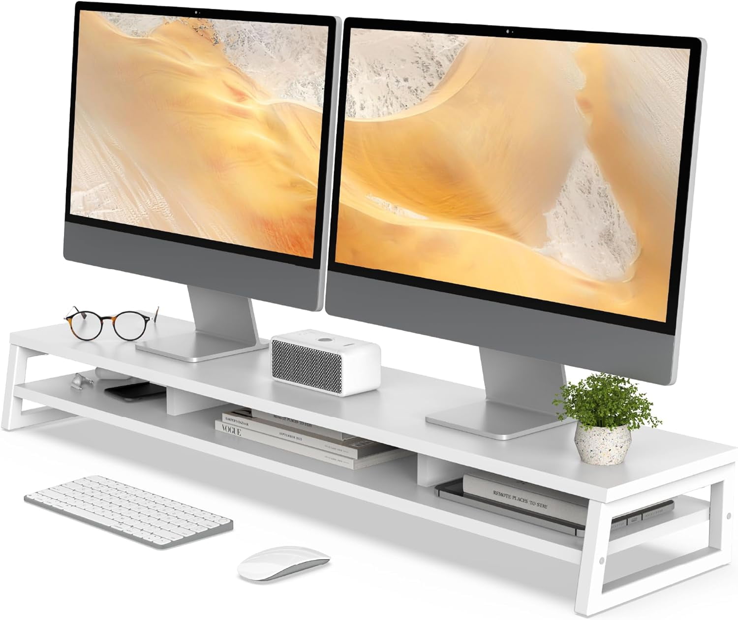Dual Monitor Stand for Desk, 42.5in Large Monitor Riser for 2 Monitors, 2 Tier Computer Office Desk Top Shelf, Desktop Storage Stand for Laptop, PC, Computer, Printer