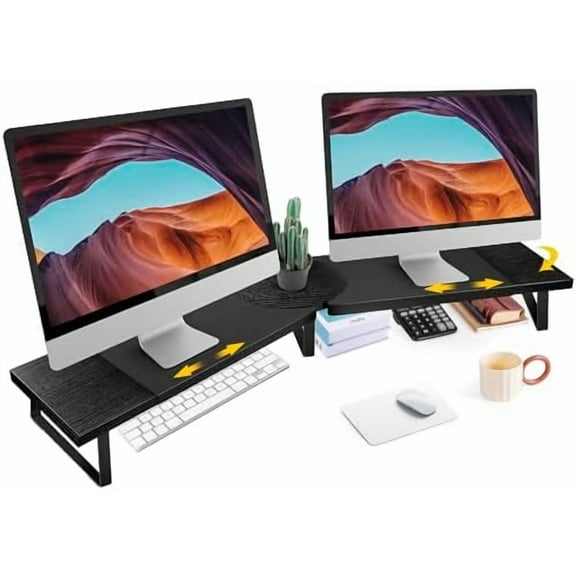 Dual-Monitor Stand for Desk - Large Adjustable Length and Angle Riser for 2 Monitors, Double Computer Desktop Organizer, Shelf for TV, Laptop, Printer