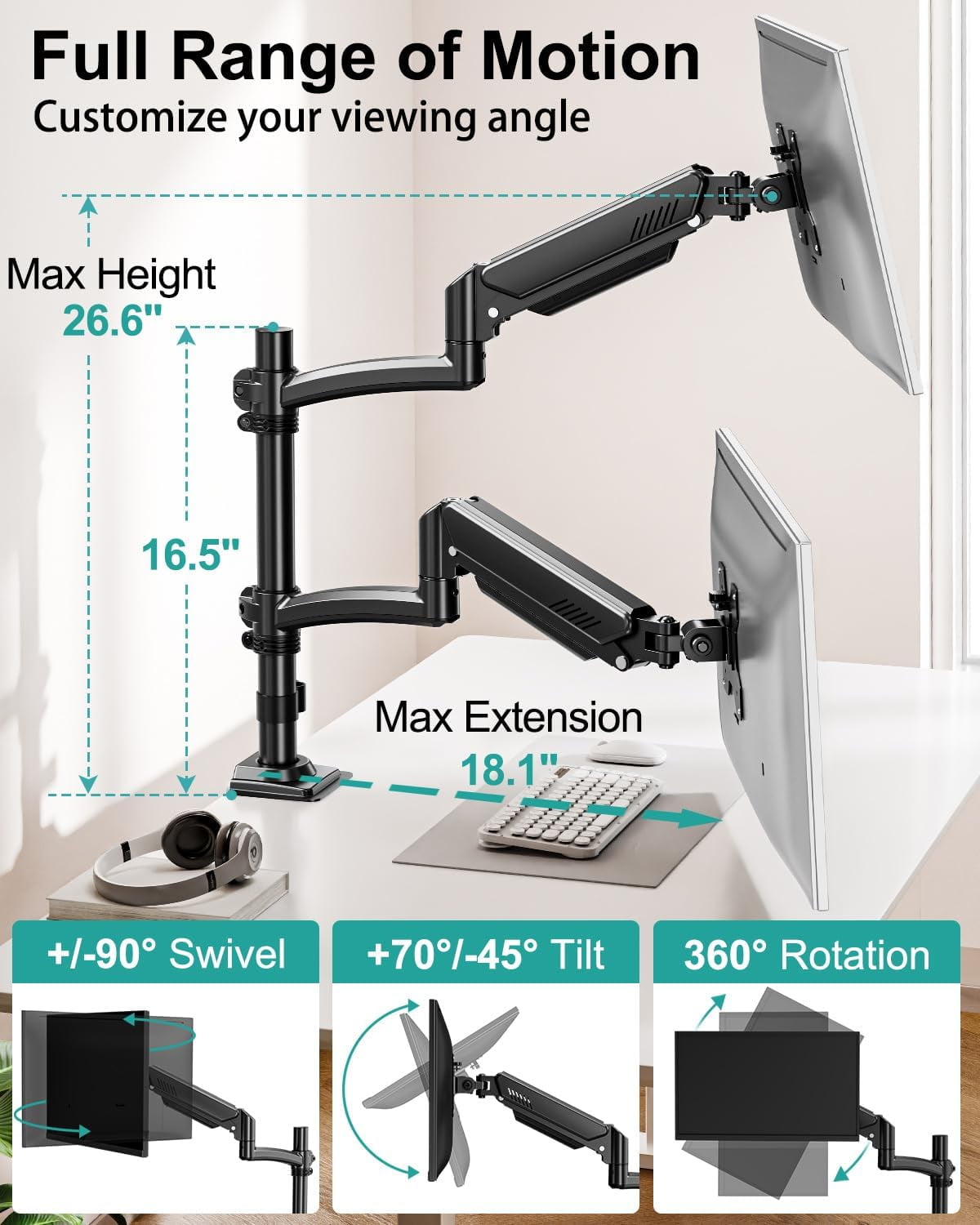 Dual Monitor Stand for Desk, Taller Monitor Arms for 2 Screens  to 32 inch, Ergonomic Adjustable Full Motion Double Computer Monitor Mount, Holds 4.4-22lbs, VESA 75/100mm, Black