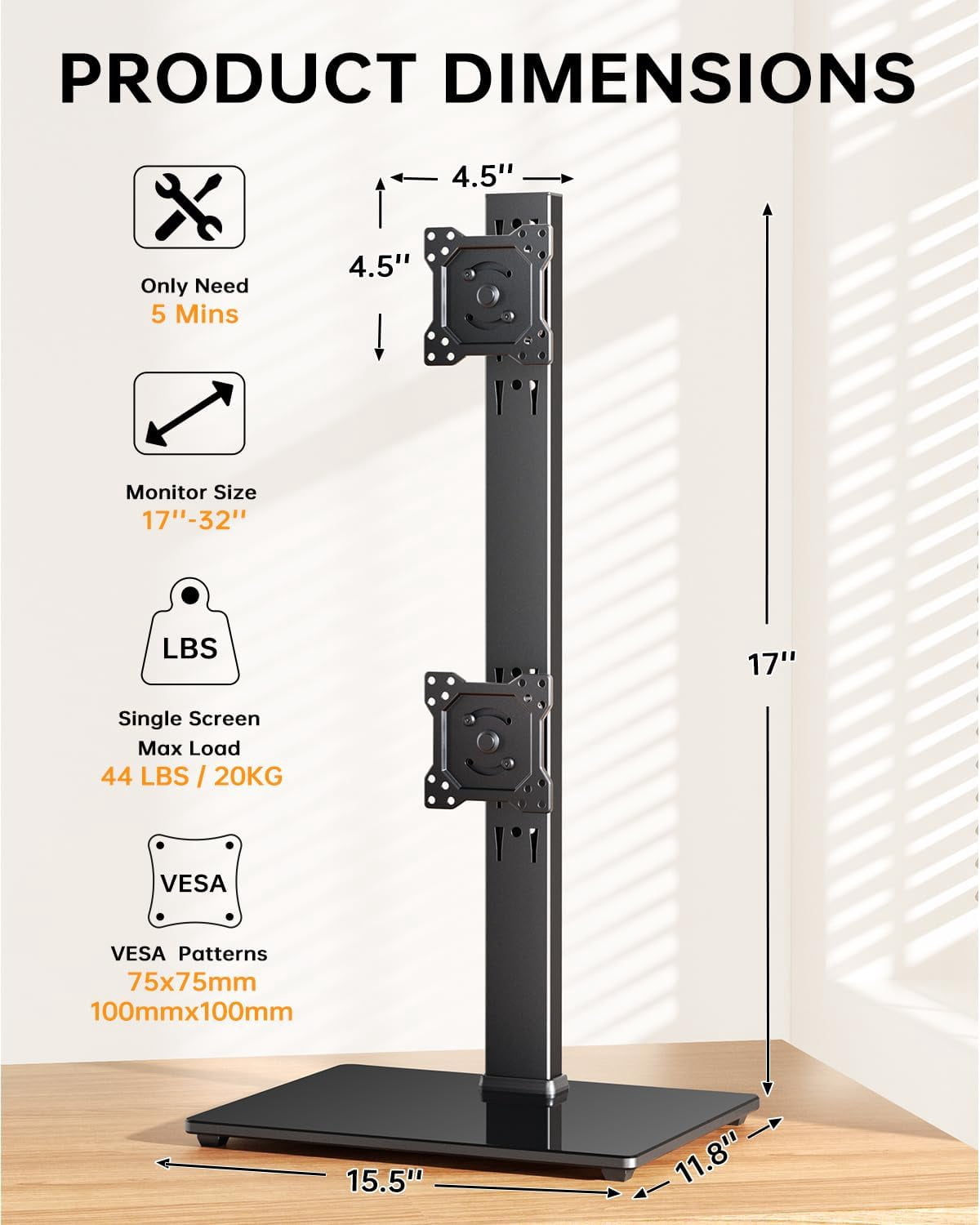 Dual Monitor Stand FreeStanding Desk Riser for 13-32 inch Screens with Swivel Tilt Rotation 4 Height Options Holds  to 77lbs VESA 75x75/100x100mm