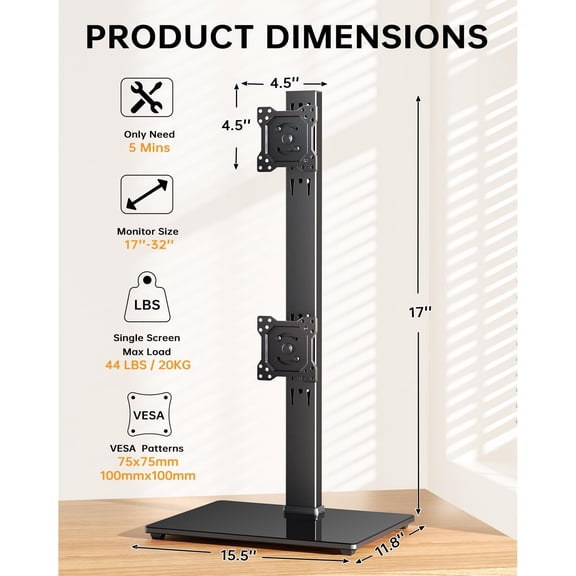Dual Monitor Stand FreeStanding Desk Riser for 13-32 inch Screens with Swivel Tilt Rotation 4 Height Options Holds  to 77lbs VESA 75x75/100x100mm