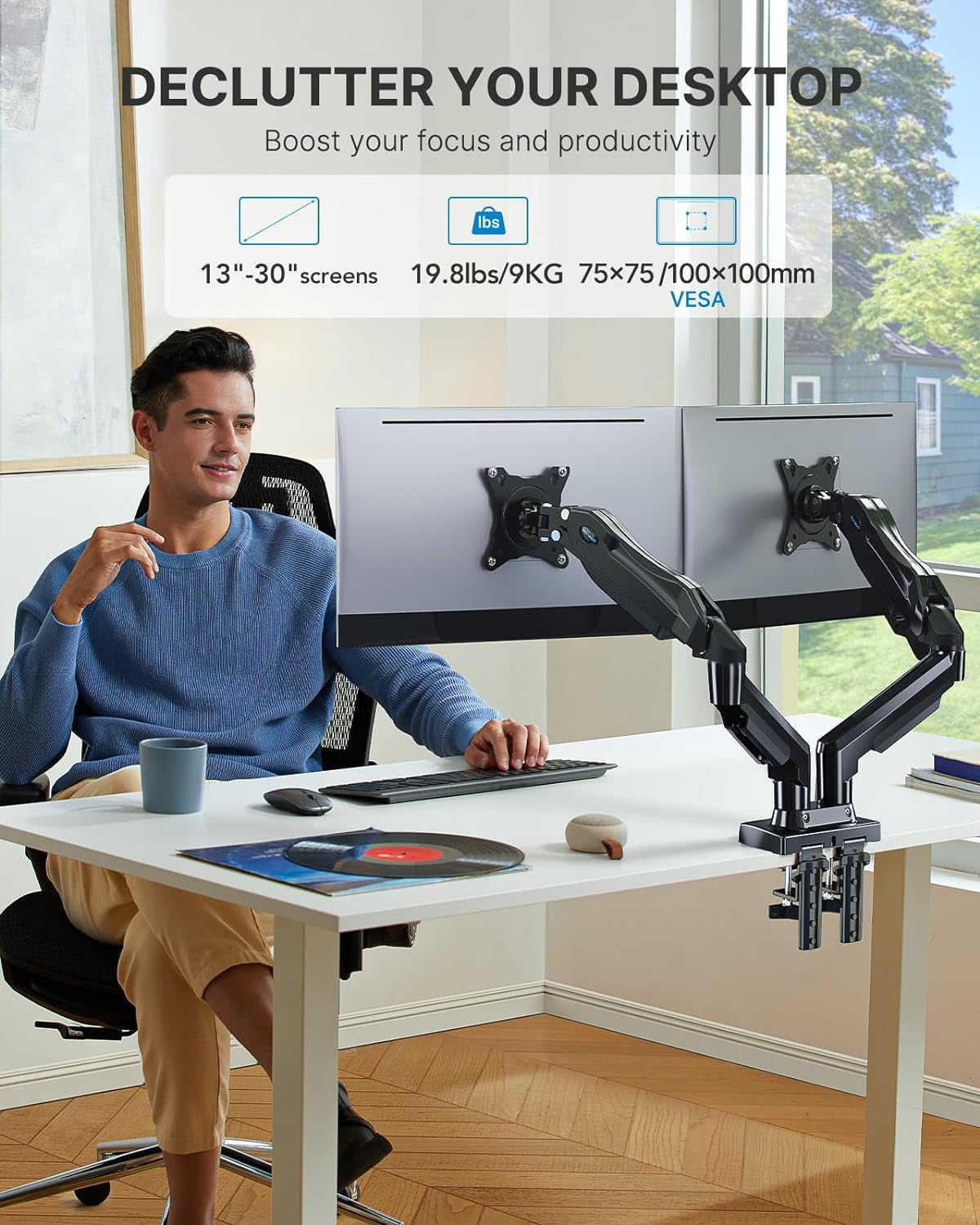 Dual Monitor Stand - Full Adjustable Monitor Desk Mount Swivel Vesa Bracket with C Clamp, Steel Monitor Mount Reinforcement Plate for , Glass and Other Fragile Tabletop