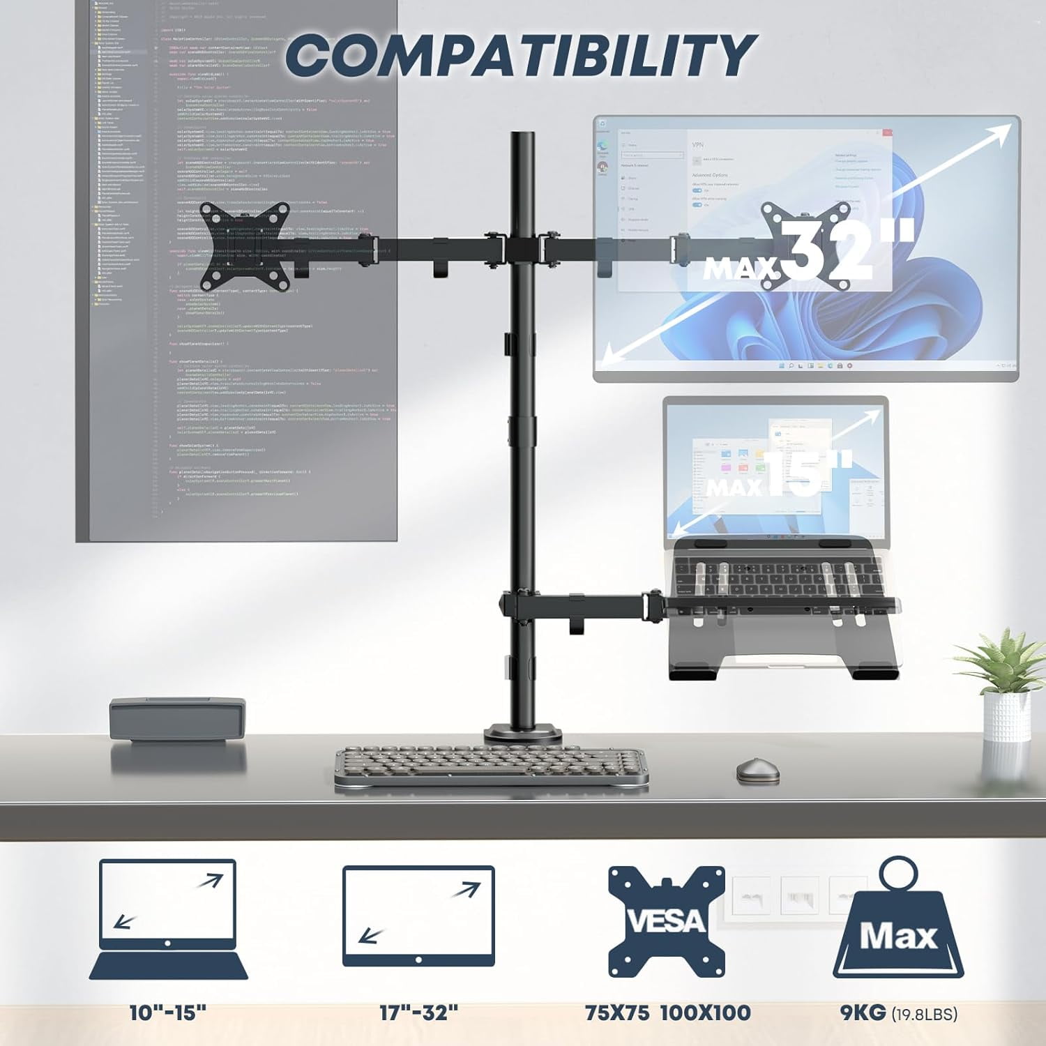 Dual Monitor Stand and Laptop Mount Fit Two 17 to 32 Inch Monitor and 10 to 17 Inch Laptop, Tall Adjustable Stand,19.8 lbs Weight Capacity per Arm,Black