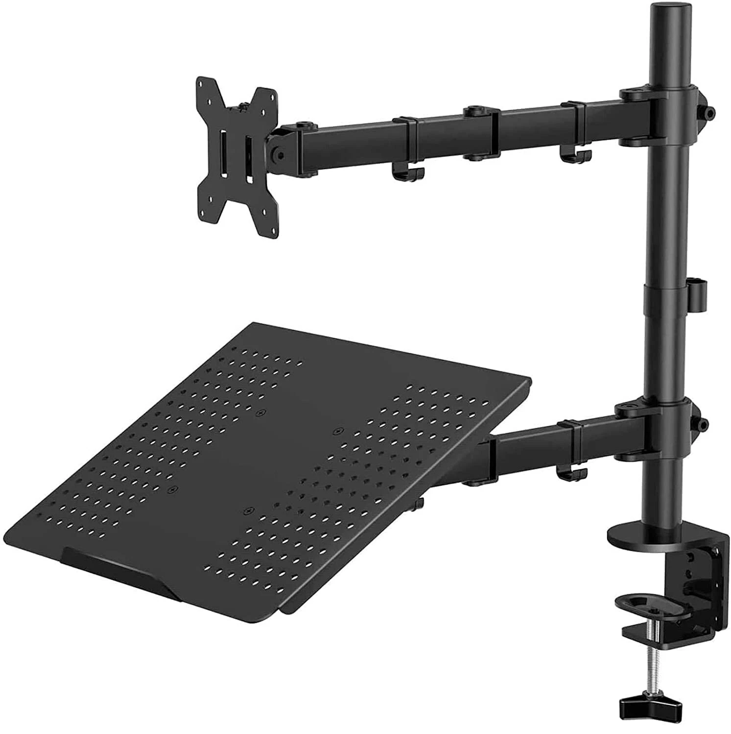 Dual Monitor Stand with Laptop Tray, Adjustable Desk Mount Arm for 13"-32" Screens, 2-in-1 Computer Monitor Riser, Height Tilt Swivel Rotation for Home Office Ergonomic Setup