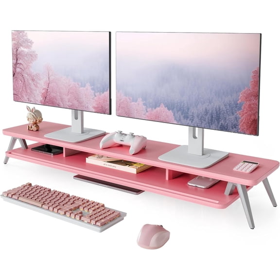 Dual Monitor Stand, Monitor Stands Riser for 2 Monitors, 42.5 Inch Wood Desk Shelf with Storage Organizer and Cable Management for Office Desk Accessories