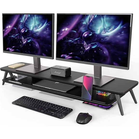 Dual Monitor Stand, Monitor Stands Riser for 2 Monitors, 42.5 Inch Wood Desk Shelf with Storage Organizer and Cable Management for Office Desk Accessories