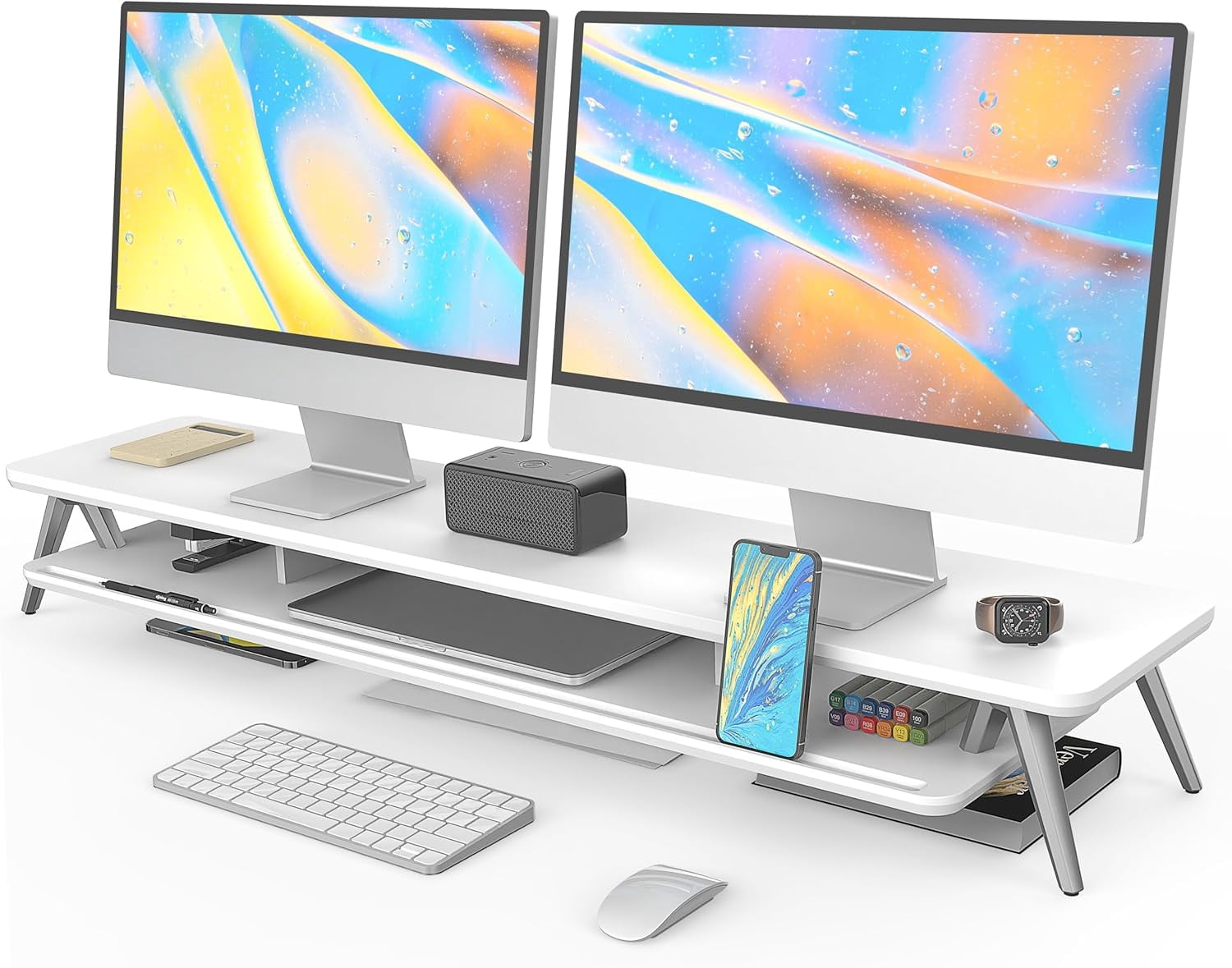 Dual Monitor Stand, Monitor Stands Riser for 2 monitors, 42.5 Inch Wood Desk Shelf with Storage Organizer and Cable Management for Office Desk Accessories