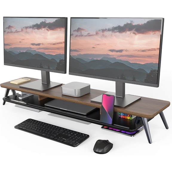 Dual Monitor Stand, Monitor Stands Riser for 2 monitors, 42.5 Inch Wood Desk Shelf with Storage Organizer and Cable Management for Office Desk Accessories