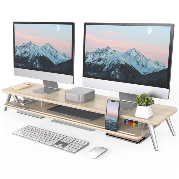 Dual Monitor Stand, 42.5 Inch Wood Desk Shelf with Storage Organizer and Cable Management for Office Desk Accessories