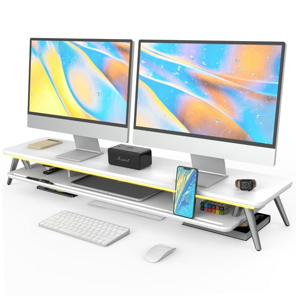 Dual Monitor Stand, 42.5 Inch Wood Desk Shelf with Storage Organizer and Cable Management for Office Desk Accessories