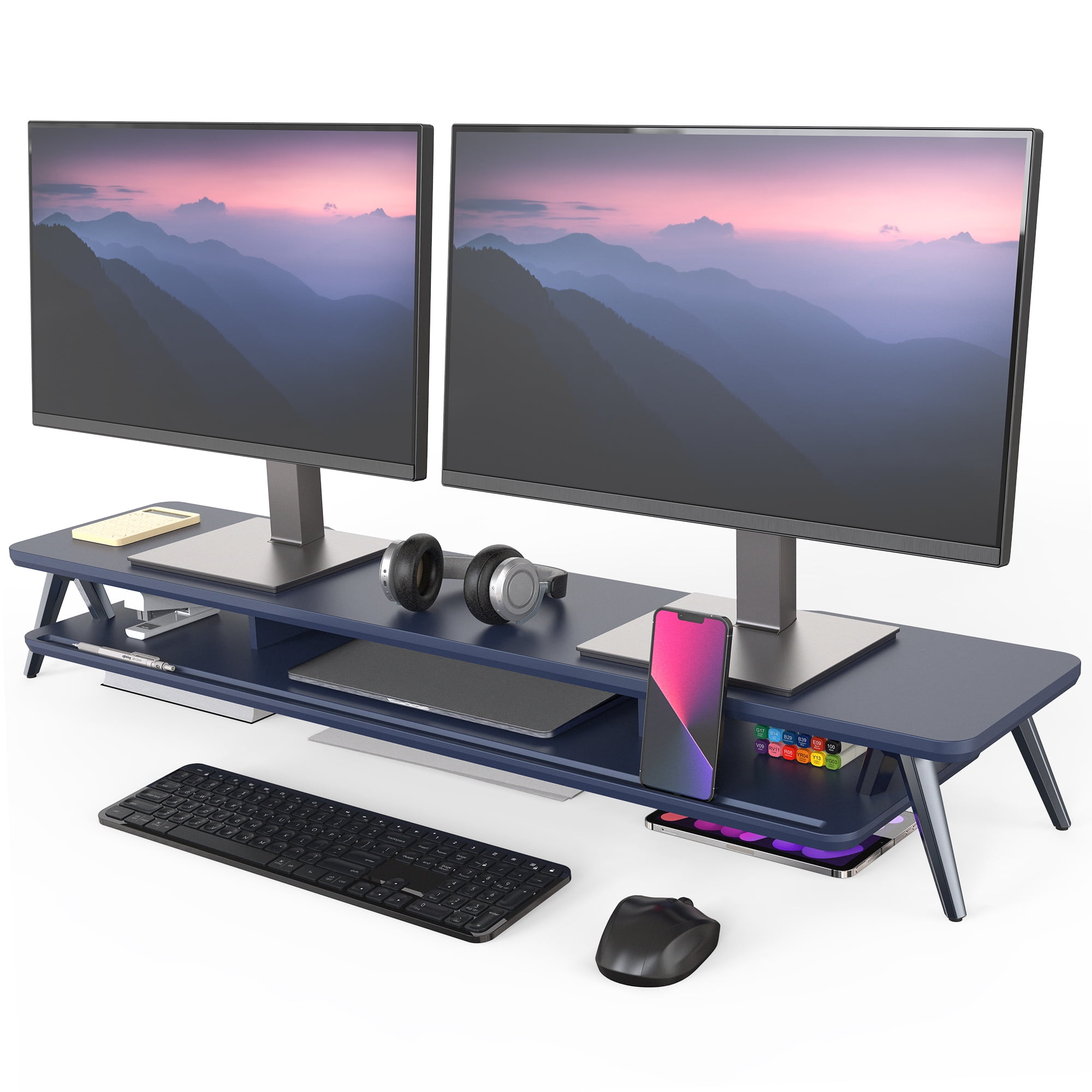 Dual Monitor Stand, 42.5 Inch Wood Desk Shelf with Storage Organizer and Cable Management for Office Desk Accessories