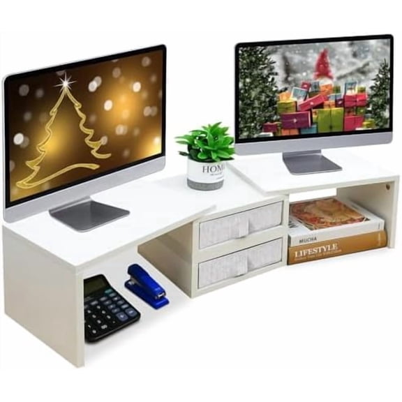 Dual Monitor Stand Riser with 2 Drawers - Length and Angle Adjustable White Monitor Stand with Storage Large Computer Riser for 2 Monitors/Laptop/PC, Wood Screen/TV Stand Desk Organizer